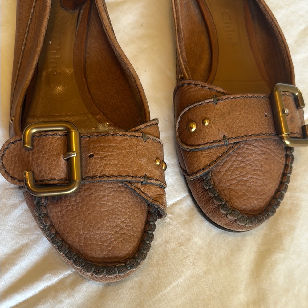 Chloe Brown Leather Flats with Classic Buckle Design - Picture 4 of 8